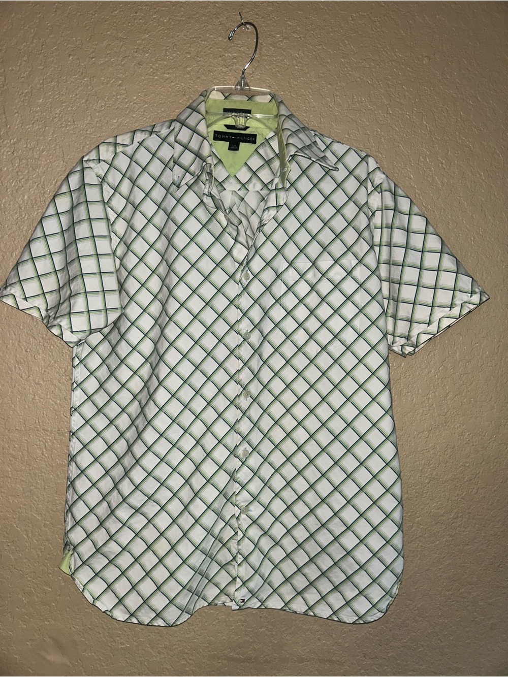 Tommy Hilfiger White and Green Checked Short-Sleeve Button-Down Shirt